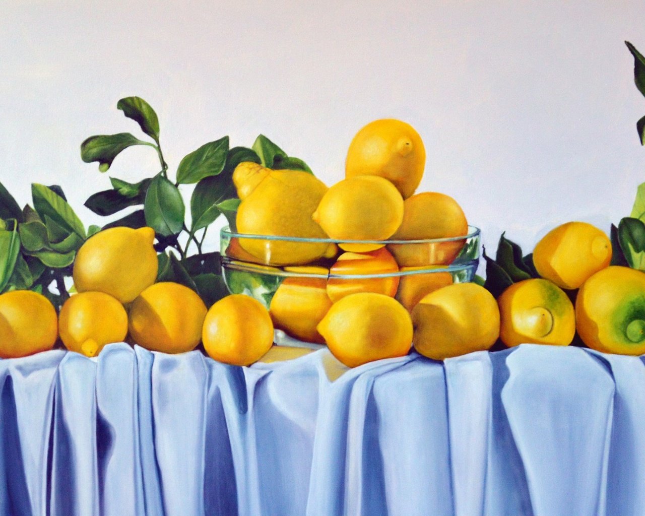 Обои листья, фрукты, стол, ткань, лимоны, цитрусы, leaves, fruit, table, fabric, lemons, citrus разрешение 2385x1220 Загрузить