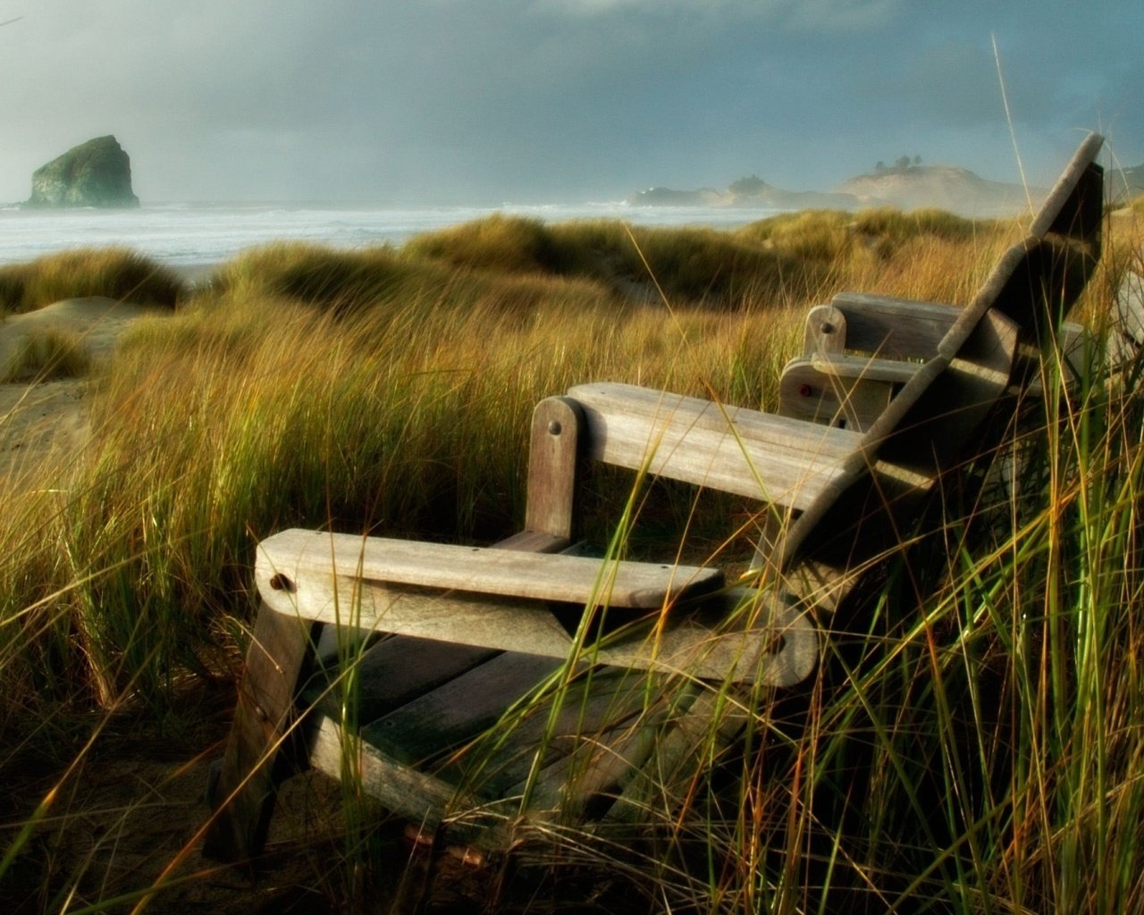 Обои трава, берег, море, скала, кресло, осока, grass, shore, sea, rock, chair, sedge разрешение 1920x1080 Загрузить