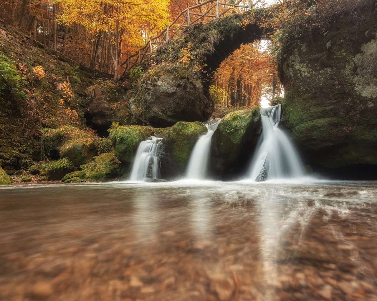 Обои река, природа, камни, лес, мост, водопад, осень, мох, river, nature, stones, forest, bridge, waterfall, autumn, moss разрешение 1920x1080 Загрузить