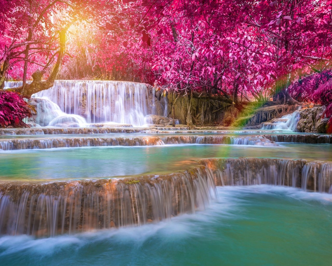 Обои деревья, вода, река, водопад, радуга, каскад, лаос, kuang si falls, trees, water, river, waterfall, rainbow, cascade, laos разрешение 3225x2153 Загрузить