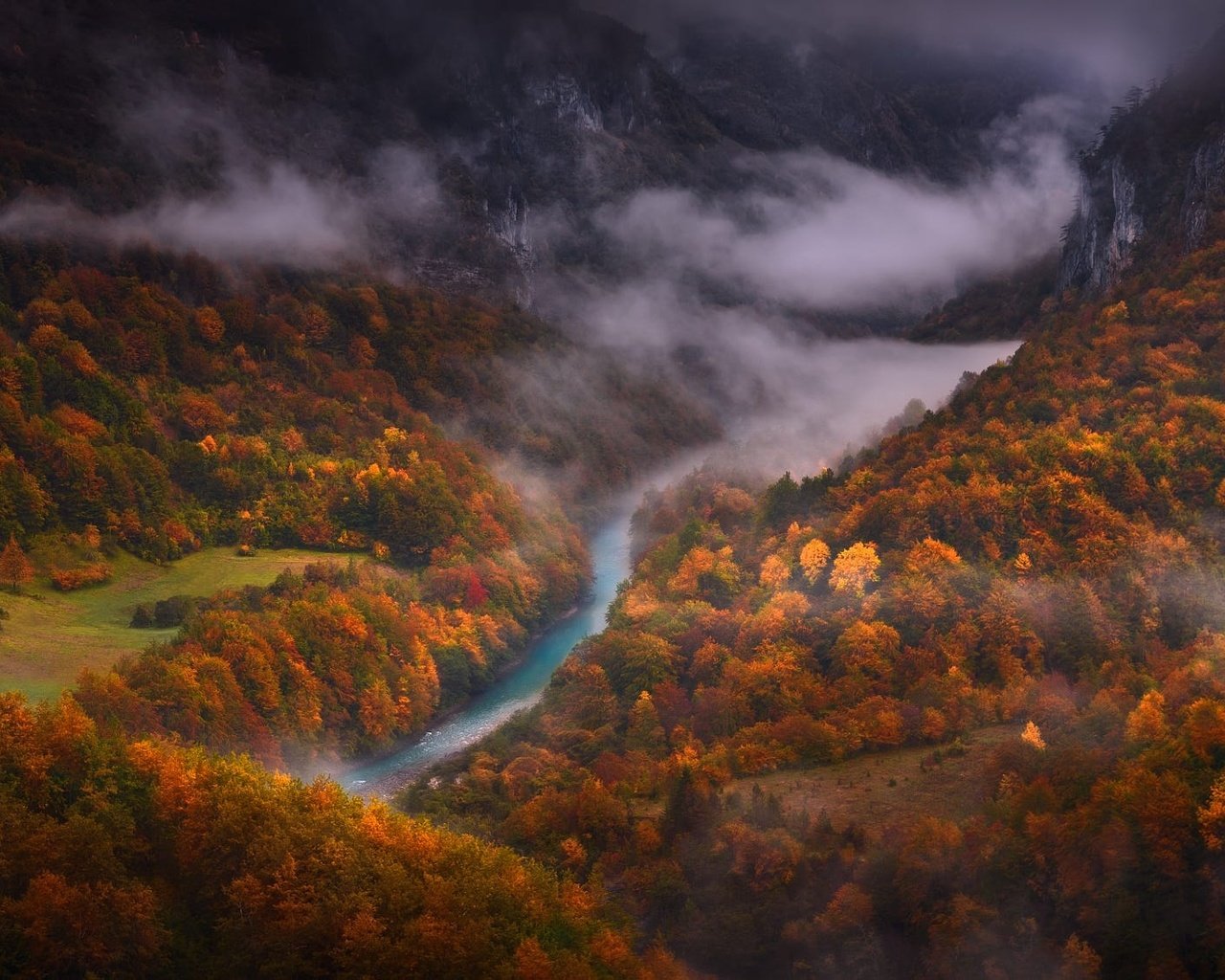 Обои деревья, река, горы, лес, туман, вид сверху, осень, trees, river, mountains, forest, fog, the view from the top, autumn разрешение 2000x1125 Загрузить