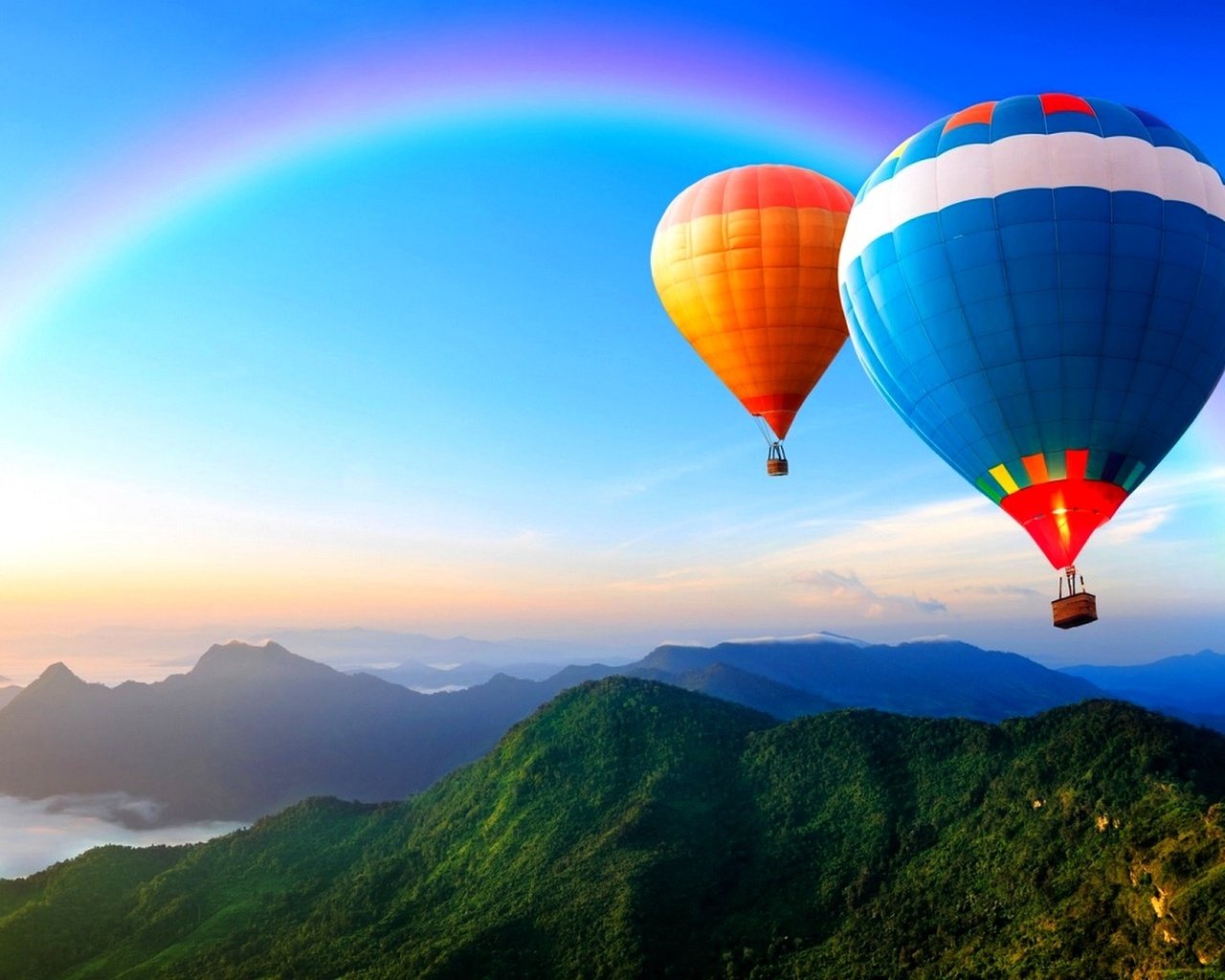 Обои небо, горы, радуга, воздушный шар, the sky, mountains, rainbow, balloon разрешение 1920x1200 Загрузить