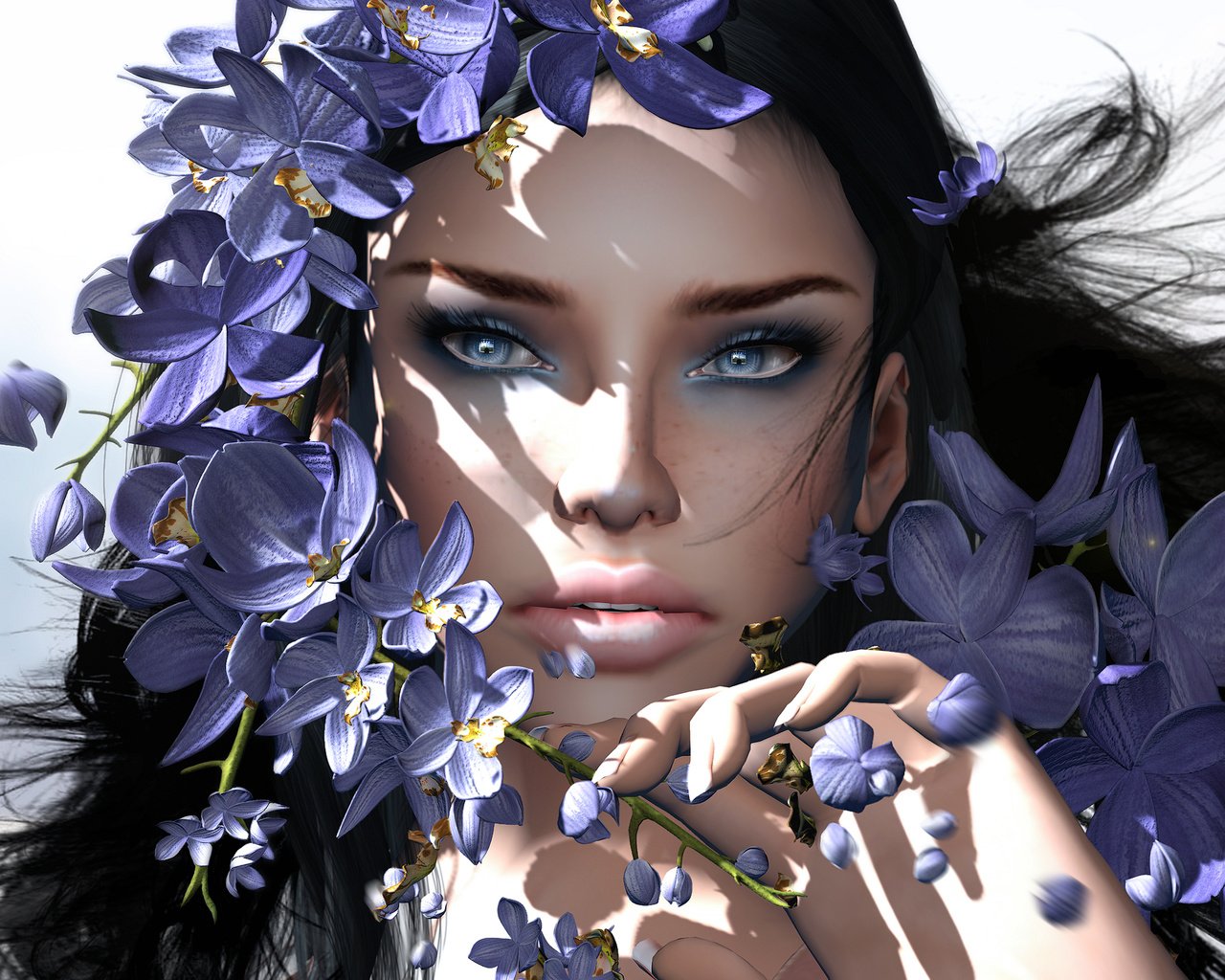 Обои цветы, девушка, взгляд, волосы, лицо, орхидеи, flowers, girl, look, hair, face, orchids разрешение 2880x1800 Загрузить