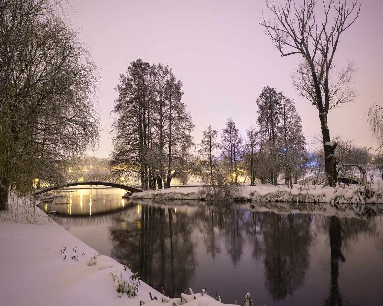 Обои река, природа, зима, пейзаж, парк, мост, river, nature, winter, landscape, park, bridge разрешение 3840x2400 Загрузить