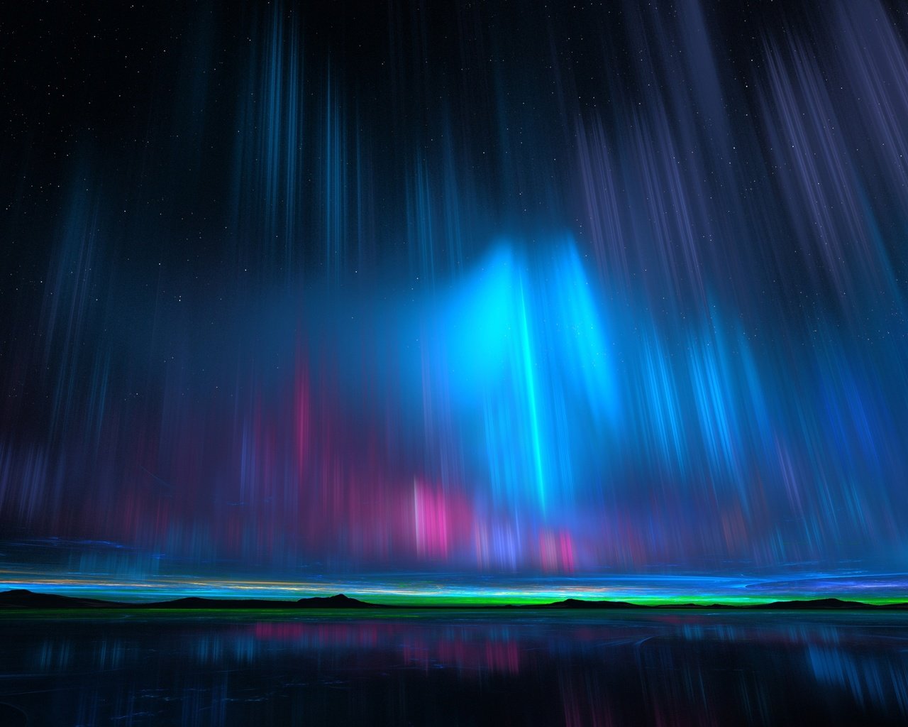 Обои ночь, отражение, звезды, северное сияние, night, reflection, stars, northern lights разрешение 3192x1675 Загрузить