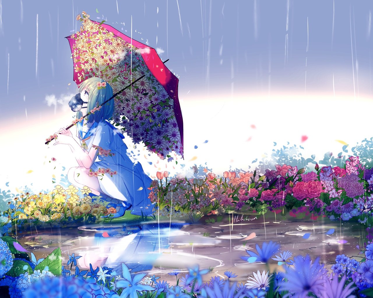 Обои цветы, девушка, аниме, дождь, зонтик, противогаз, flowers, girl, anime, rain, umbrella, gas mask разрешение 3507x2480 Загрузить
