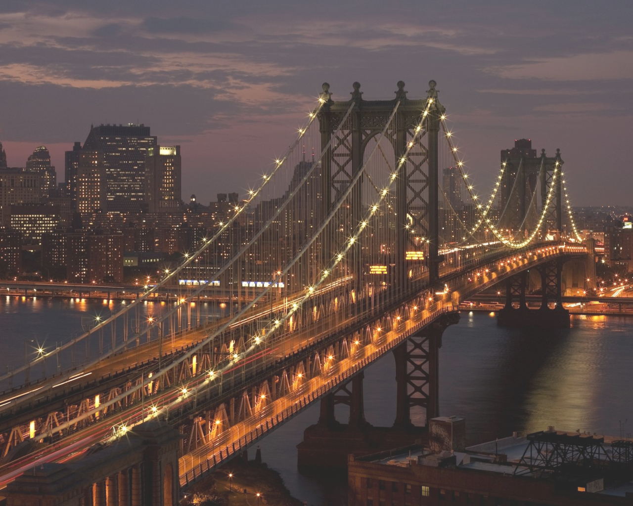 Обои ночь, город, сша, нью-йорк, манхеттен, бруклинский мост, night, the city, usa, new york, manhattan, brooklyn bridge разрешение 1920x1080 Загрузить