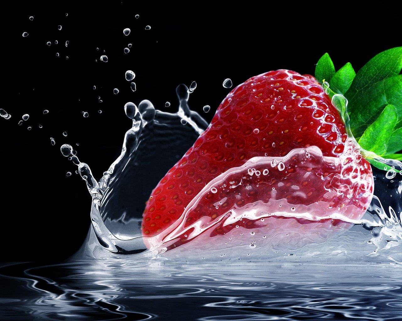 Обои вода, капли, клубника, брызги, черный фон, всплеск, water, drops, strawberry, squirt, black background, splash разрешение 2560x1440 Загрузить