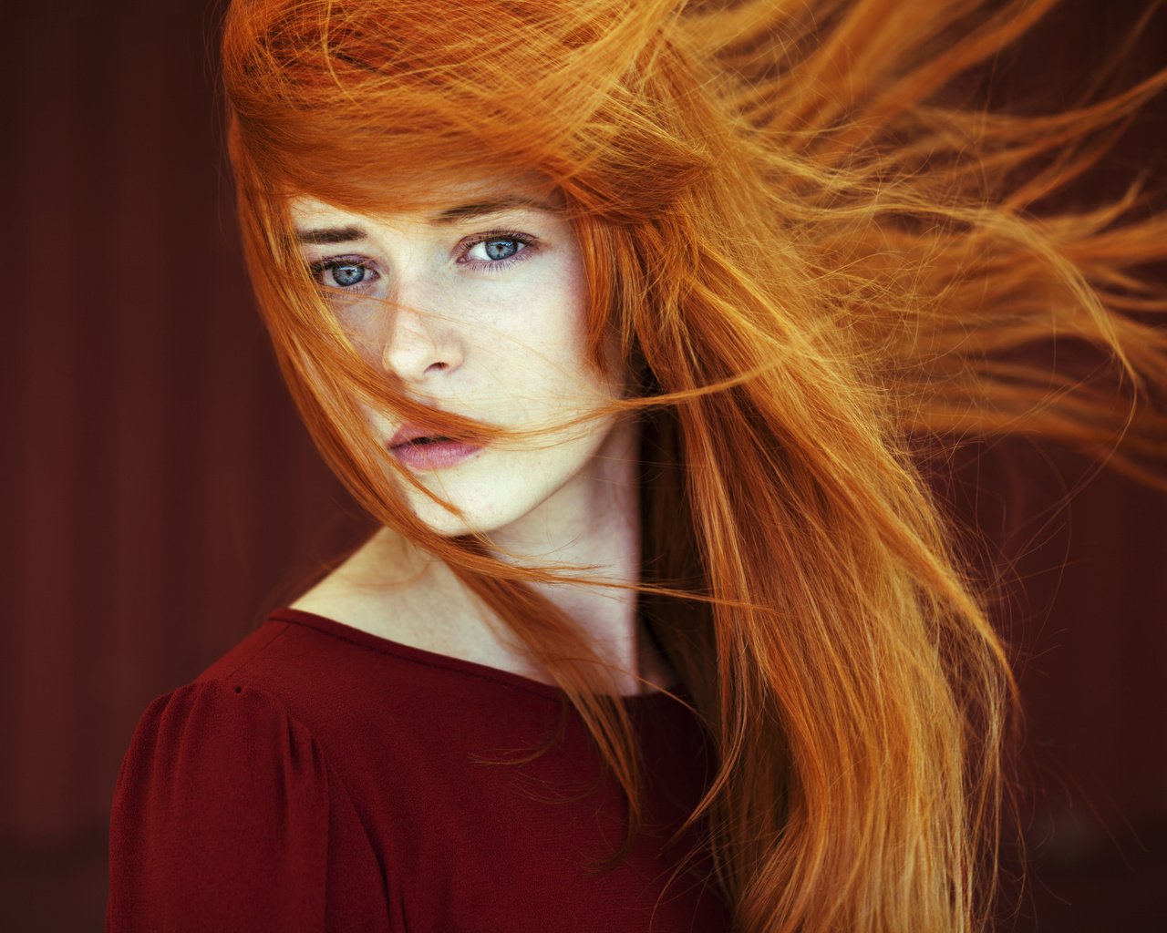 Обои девушка, взгляд, волосы, лицо, рыжеволосая, girl, look, hair, face, redhead разрешение 5616x3744 Загрузить