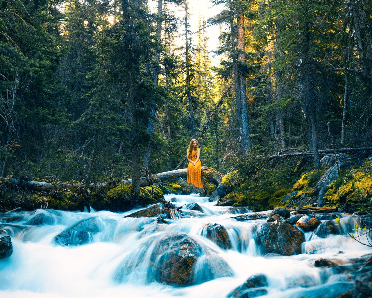 Обои деревья, река, камни, лес, девушка, платье, поток, lizzy gadd, trees, river, stones, forest, girl, dress, stream разрешение 2000x1396 Загрузить