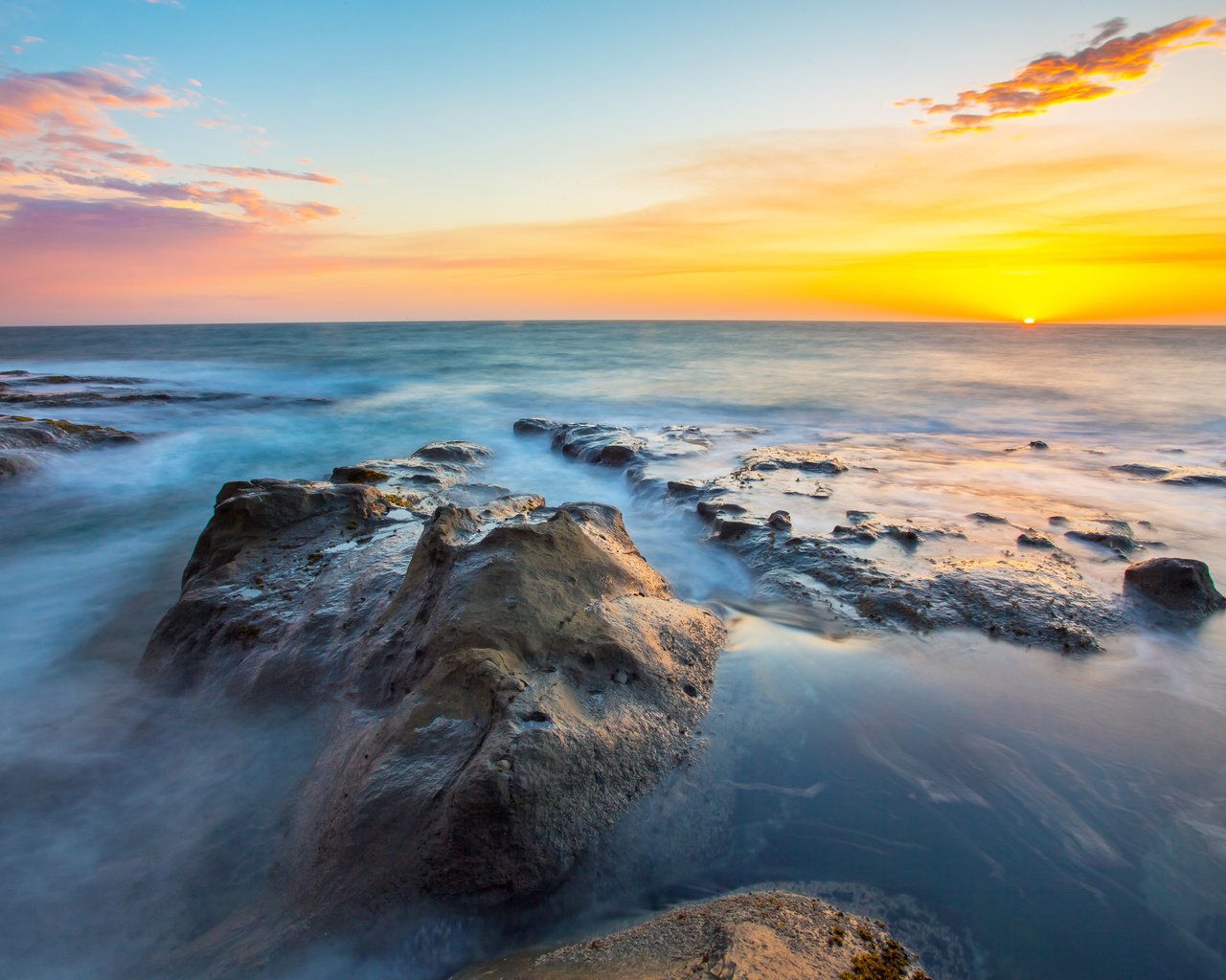 Обои небо, облака, камни, берег, закат, океан, сша, орегон, the sky, clouds, stones, shore, sunset, the ocean, usa, oregon разрешение 3840x2400 Загрузить