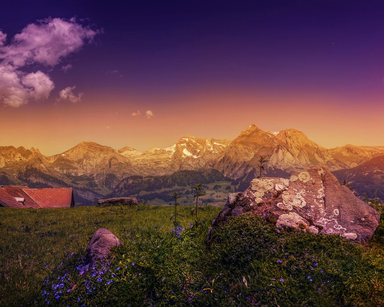 Обои небо, облака, горы, камни, пейзаж, дом, альпы, the sky, clouds, mountains, stones, landscape, house, alps разрешение 4000x2409 Загрузить