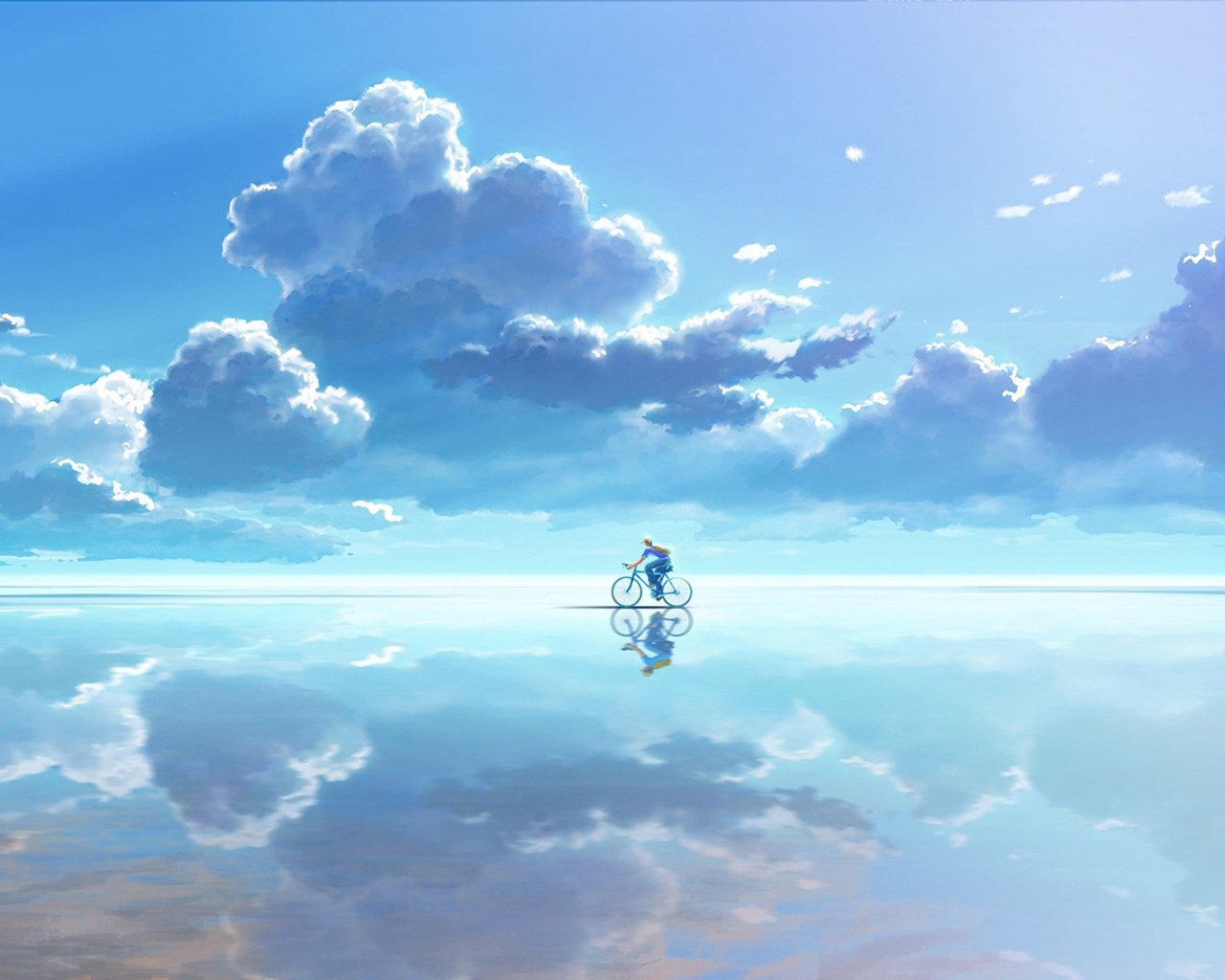 Обои небо, облака, вода, отражение, вектор, графика, велосипедист, the sky, clouds, water, reflection, vector, graphics, cyclist разрешение 1920x1200 Загрузить