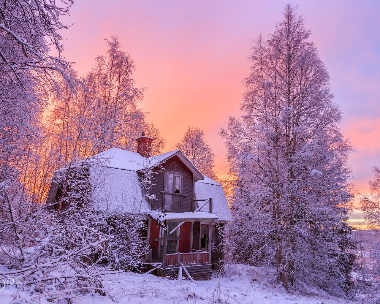 Обои деревья, снег, природа, лес, зима, дом, geert weggen, trees, snow, nature, forest, winter, house разрешение 1920x1200 Загрузить