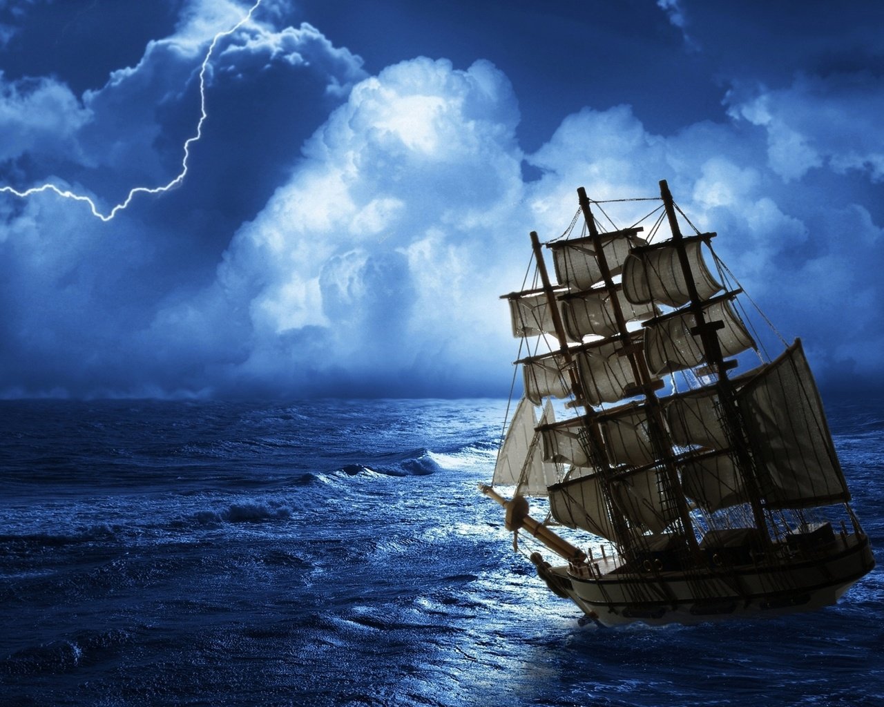 Обои море, молния, корабль, парусник, шторм, sea, lightning, ship, sailboat, storm разрешение 2560x1440 Загрузить