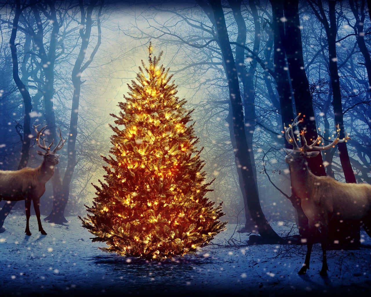 Обои новый год, елка, лес, олени, рождество, new year, tree, forest, deer, christmas разрешение 2880x1800 Загрузить