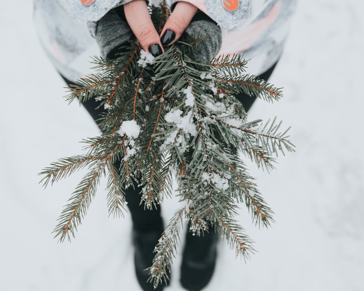 Обои снег, хвоя, девушка, ветки, модель, руки, snow, needles, girl, branches, model, hands разрешение 5760x3840 Загрузить