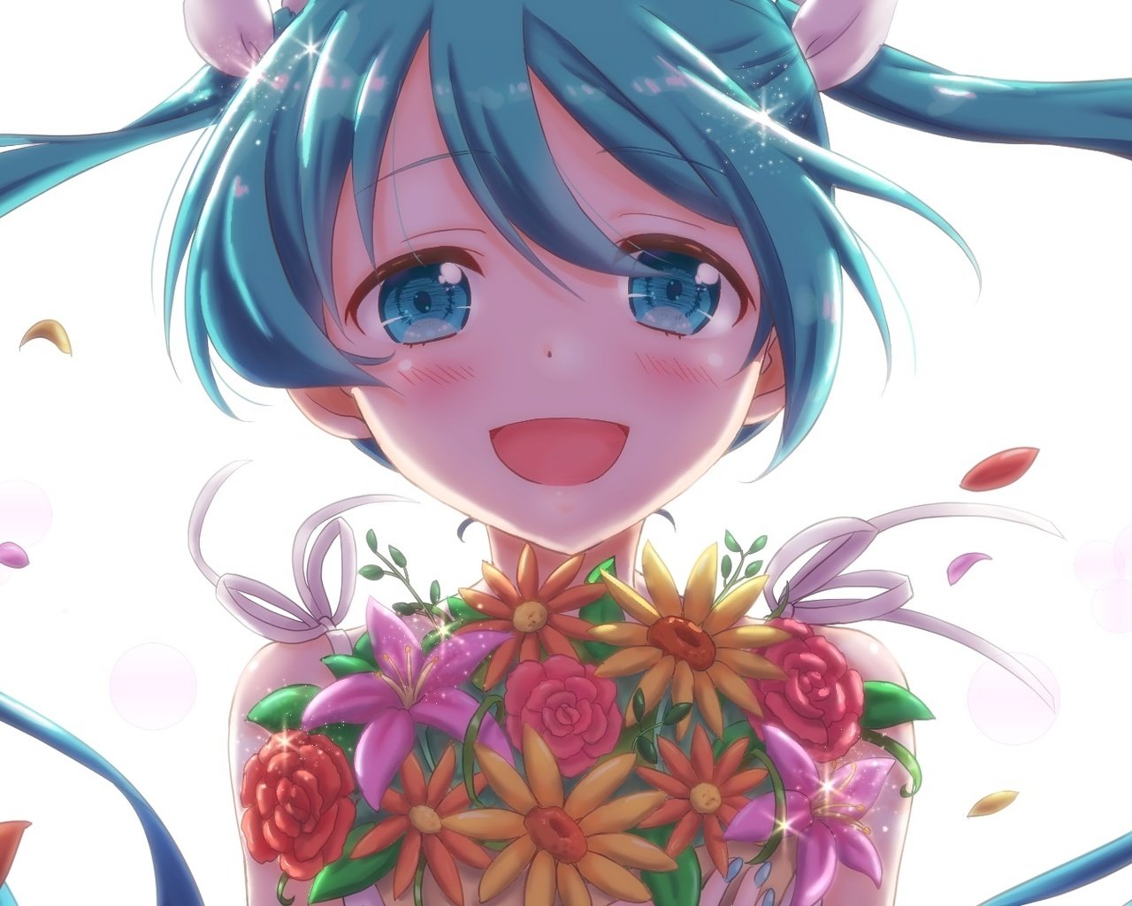 Обои лепестки, вокалоид, twintails,  цветы, улыбается, мику хацунэ, petals, vocaloid, flowers, smiling, hatsune miku разрешение 1920x1080 Загрузить