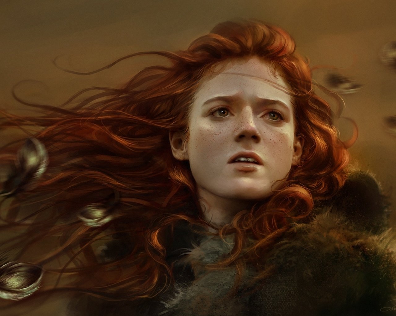 Обои арт, девушка, рыжая, лицо, перья, веснушки, игра престолов, ygritte, art, girl, red, face, feathers, freckles, game of thrones разрешение 1920x1186 Загрузить