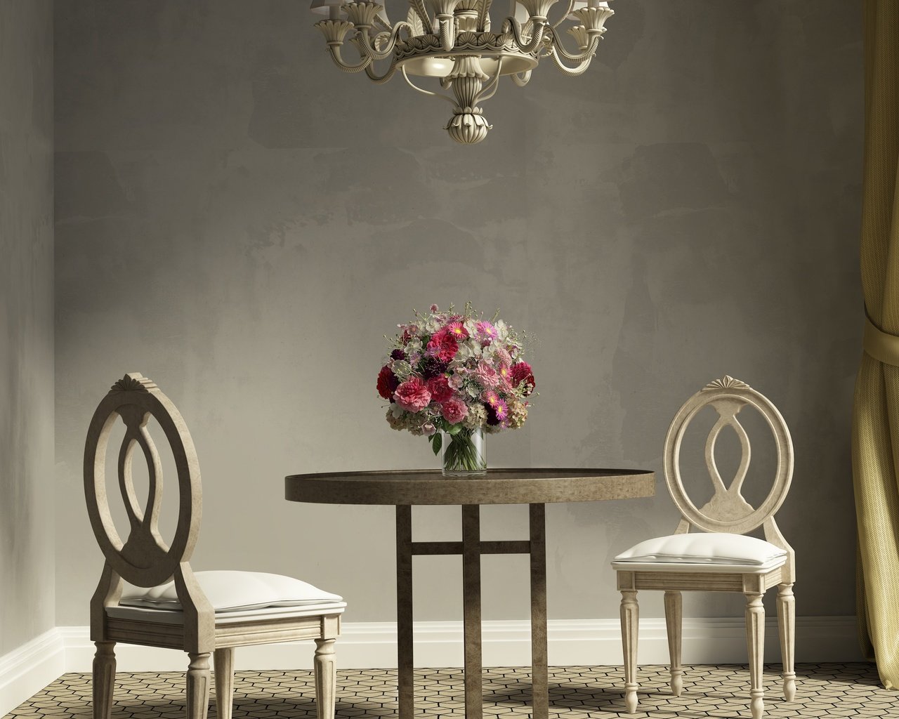 Обои стол, комната, букет, стулья, table, room, bouquet, chairs разрешение 3850x3847 Загрузить