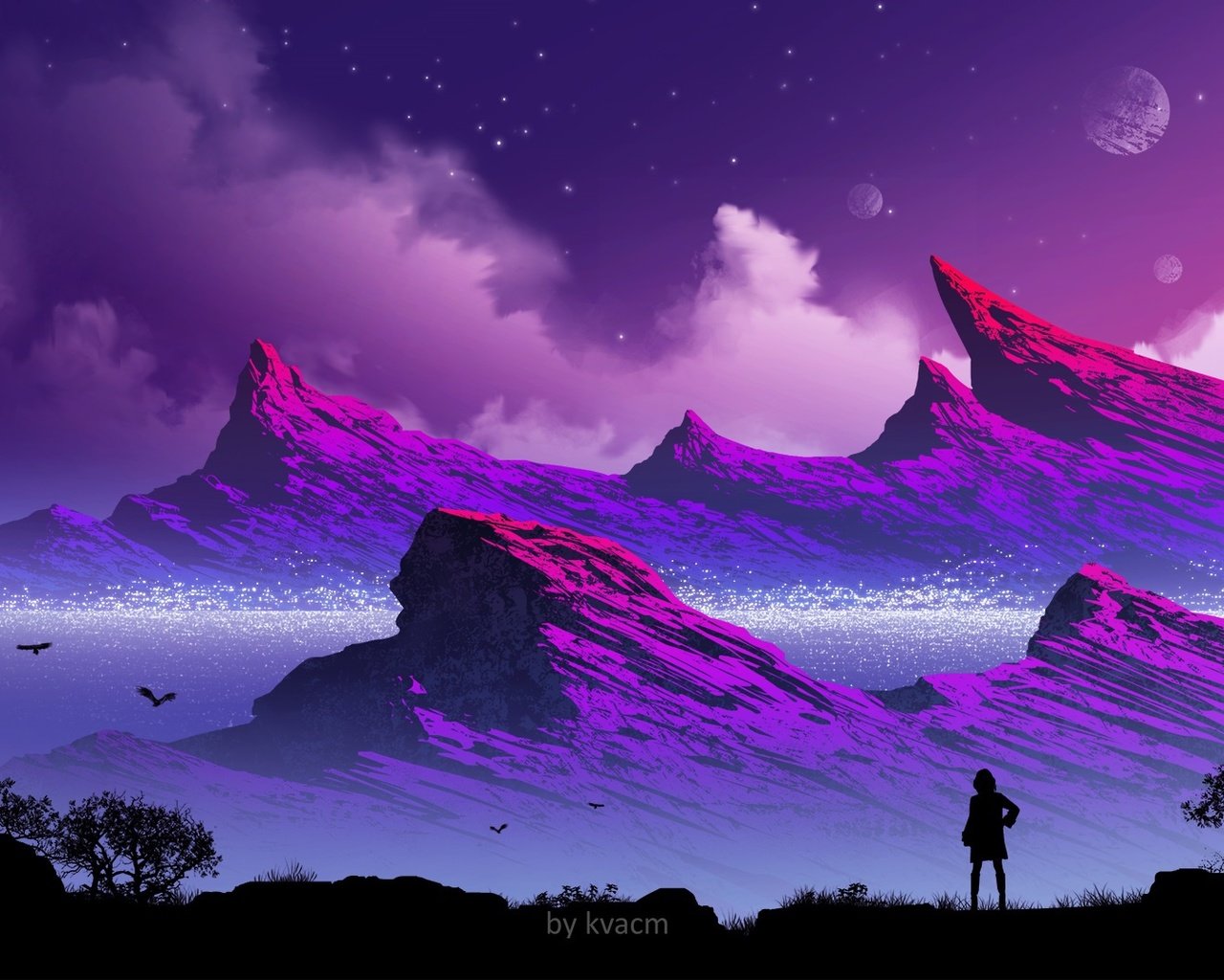 Обои горы, девушка, силуэт, mountains, girl, silhouette разрешение 1920x1080 Загрузить