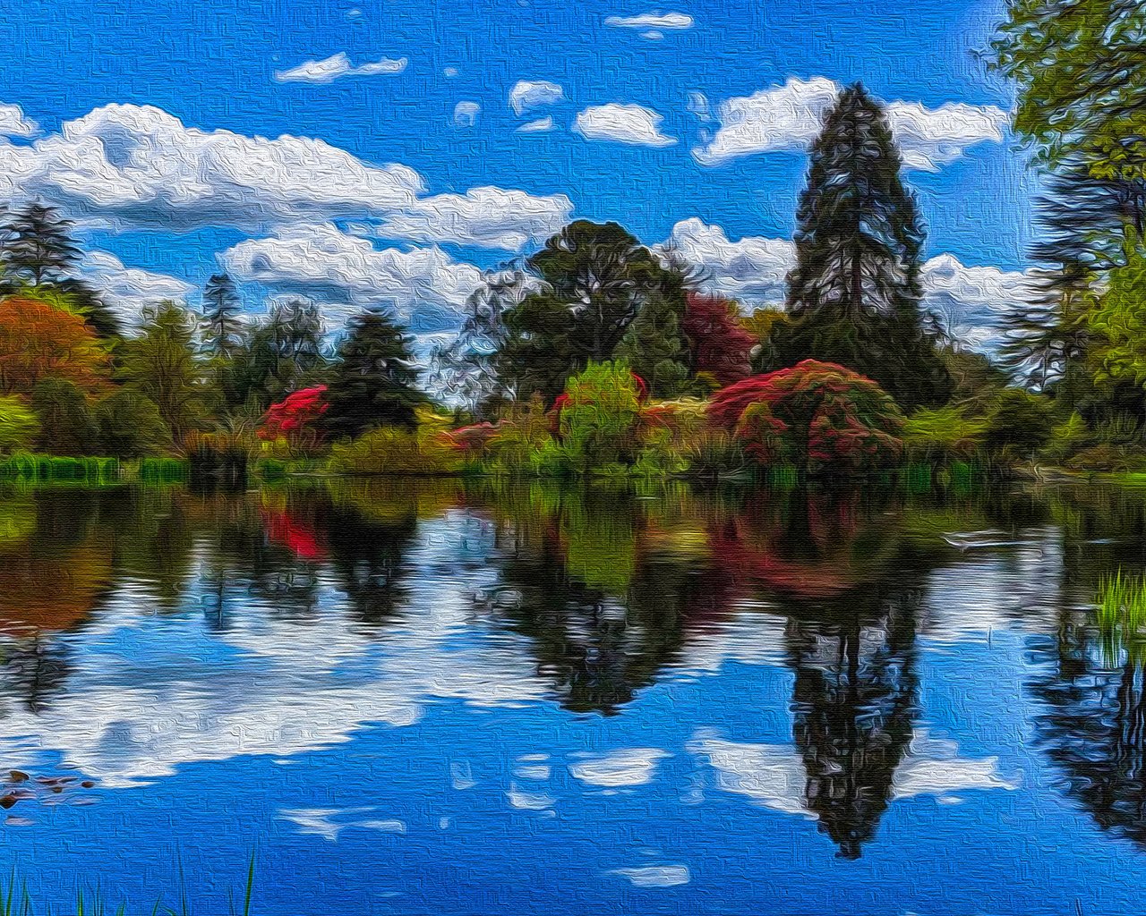 Обои небо, облака, деревья, озеро, отражение, the sky, clouds, trees, lake, reflection разрешение 3840x2160 Загрузить