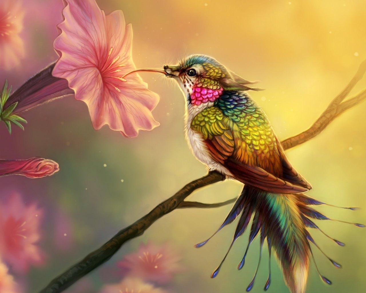 Обои цветы, арт, птица, клюв, перья, колибри, цифровое искусство, flowers, art, bird, beak, feathers, hummingbird, digital art разрешение 2560x1440 Загрузить