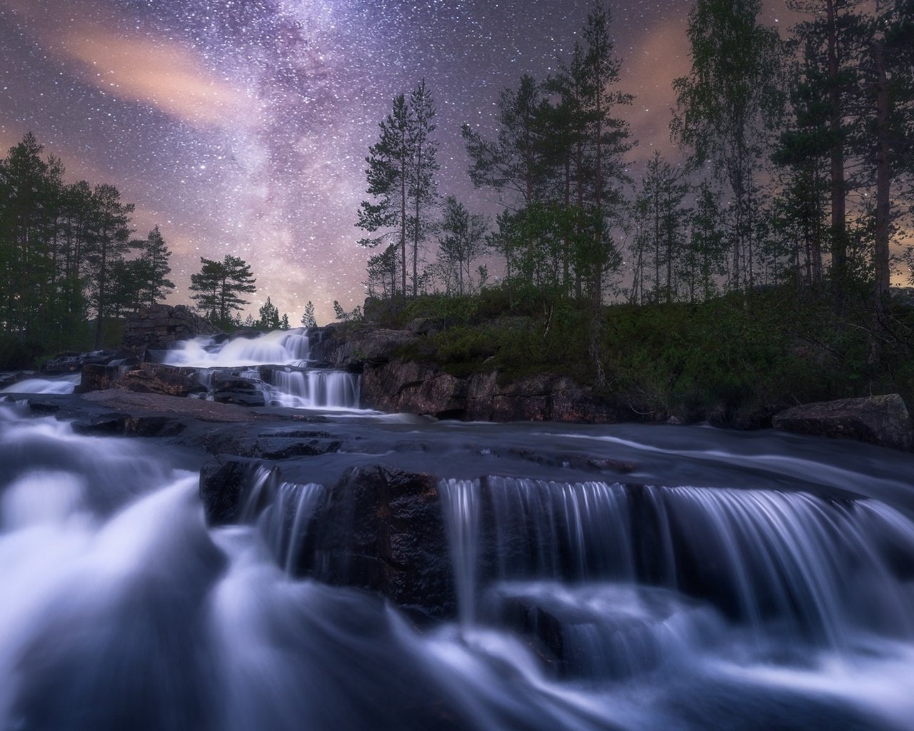 Обои небо, ночь, природа, камни, водопад, поток, the sky, night, nature, stones, waterfall, stream разрешение 1920x1080 Загрузить