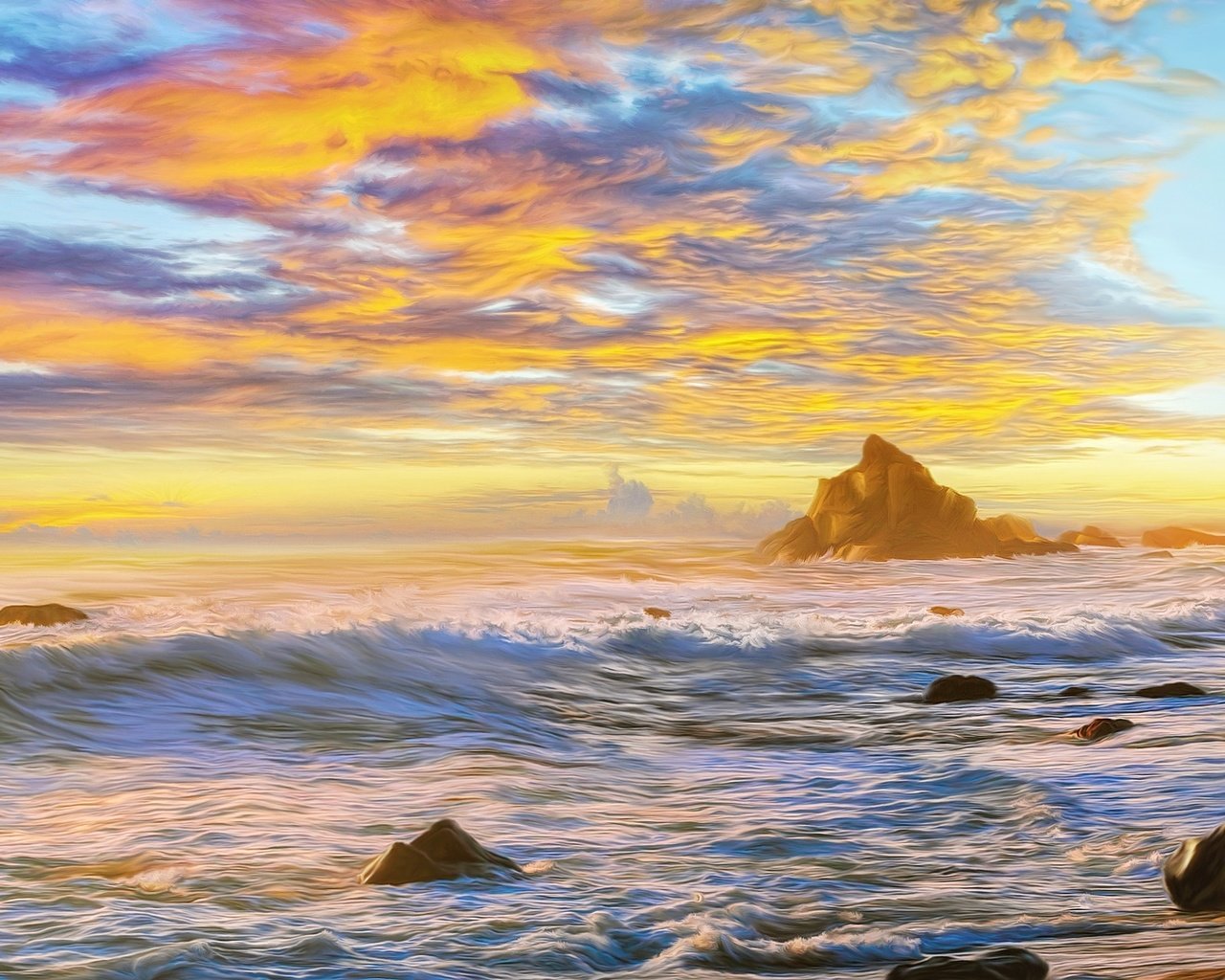 Обои небо, облака, скалы, волны, океан, живопись, the sky, clouds, rocks, wave, the ocean, painting разрешение 1920x1080 Загрузить