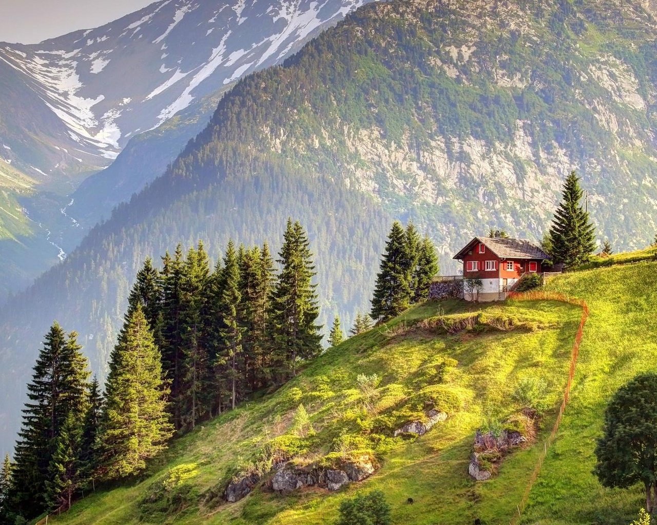 Обои горы, лес, швейцария, домик, альпы, mountains, forest, switzerland, house, alps разрешение 1920x1080 Загрузить