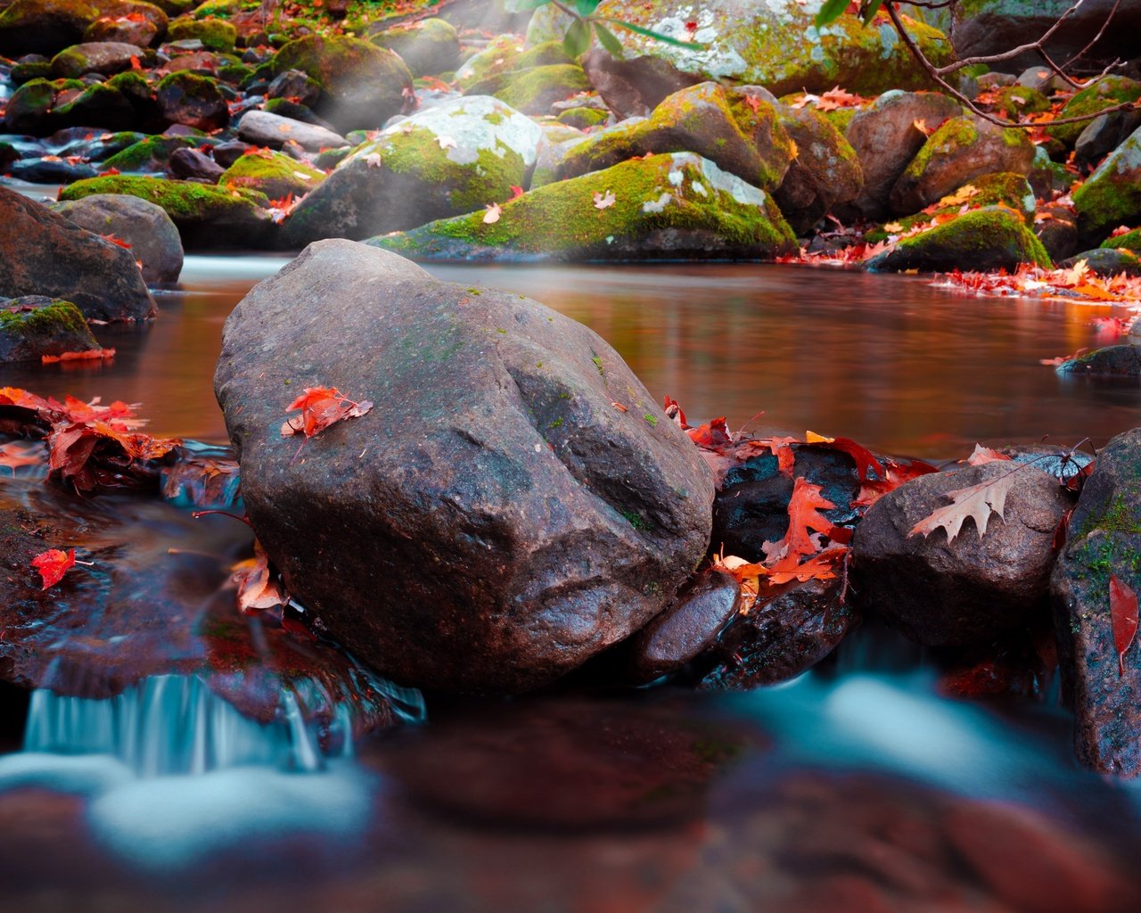 Обои камни, ручей, листва, водопад, осень, мох, осенние листья, stones, stream, foliage, waterfall, autumn, moss, autumn leaves разрешение 3000x2000 Загрузить