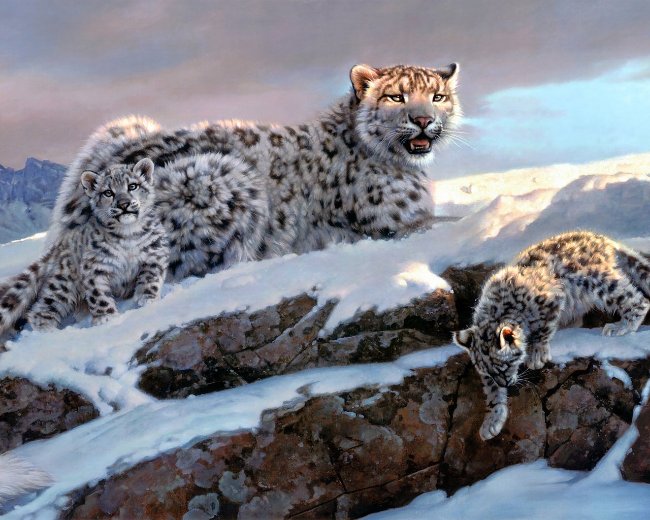 Обои зима, снежные барсы, nancy glazier, winter, snow leopards разрешение 4366x2178 Загрузить