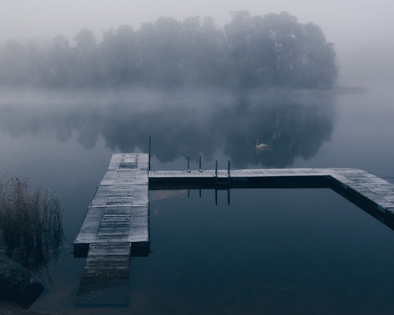 Обои озеро, туман, причал, лебедь, lake, fog, pier, swan разрешение 2112x1188 Загрузить