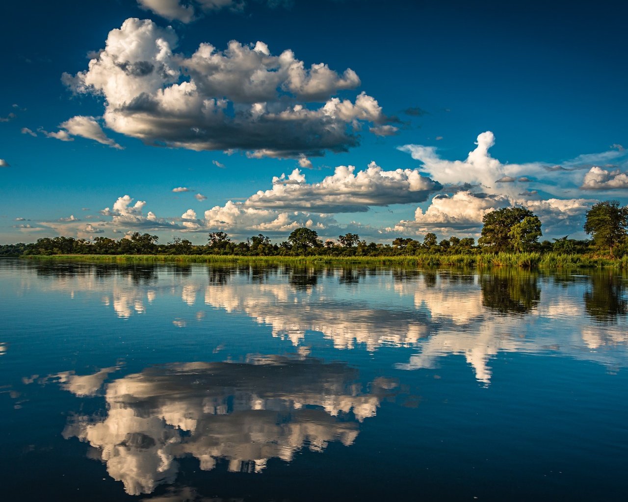 Обои облака, деревья, река, отражение, африка, намибия, река окаванго, okavango river, полоса каприви, caprivi strip, clouds, trees, river, reflection, africa, namibia разрешение 2048x1280 Загрузить