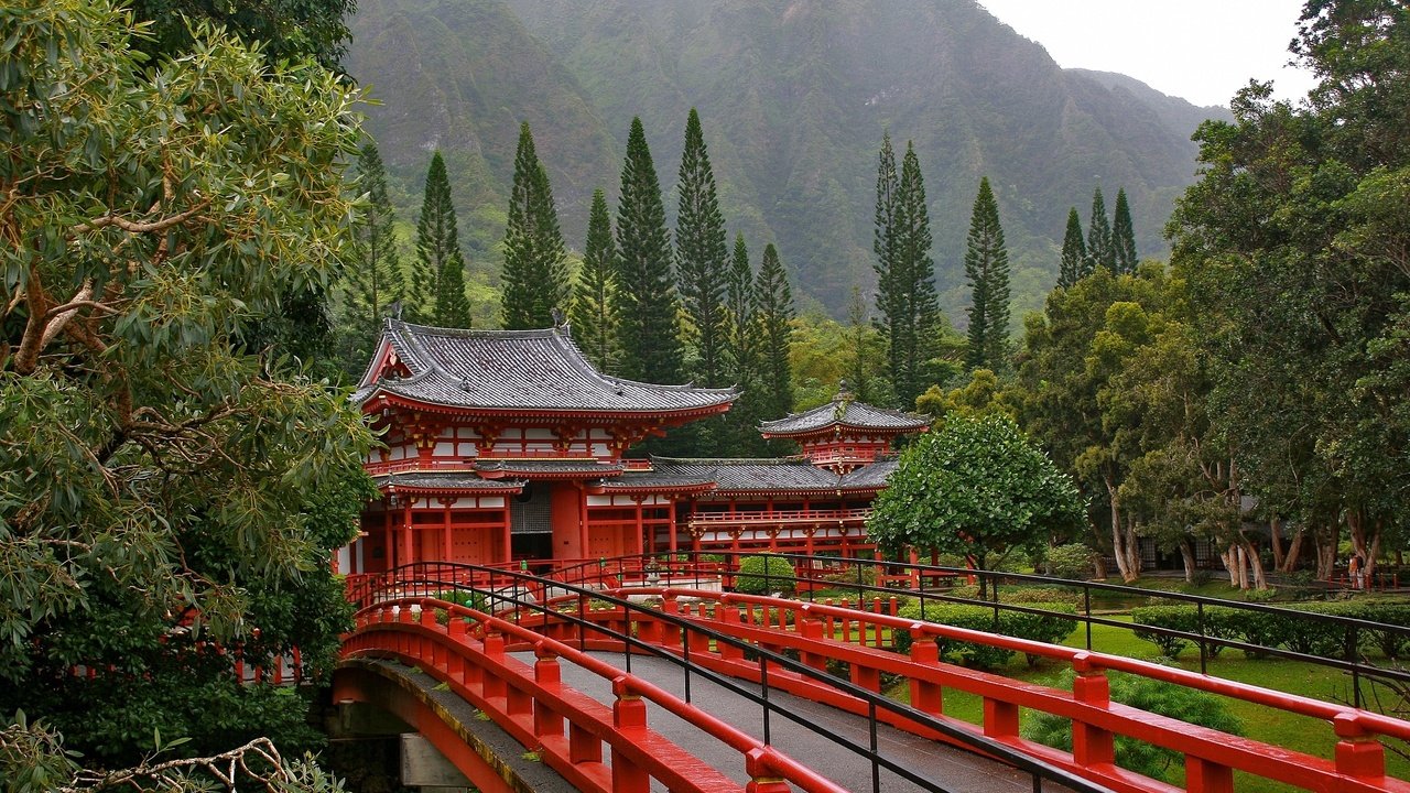 Обои деревья, мост, пагода, япония, trees, bridge, pagoda, japan разрешение 1920x1200 Загрузить