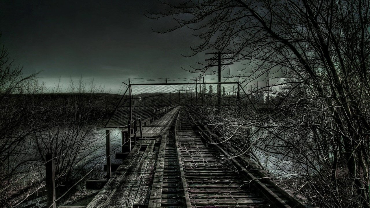 Обои дорога, мрак, ветки, железная, road, the darkness, branches, iron разрешение 1920x1200 Загрузить