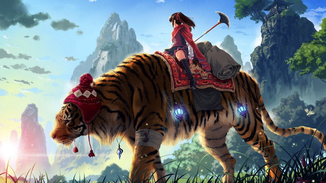 Обои тигр, трава, горы, девушка, копье, kankurou, tiger, grass, mountains, girl, spear разрешение 1920x1200 Загрузить