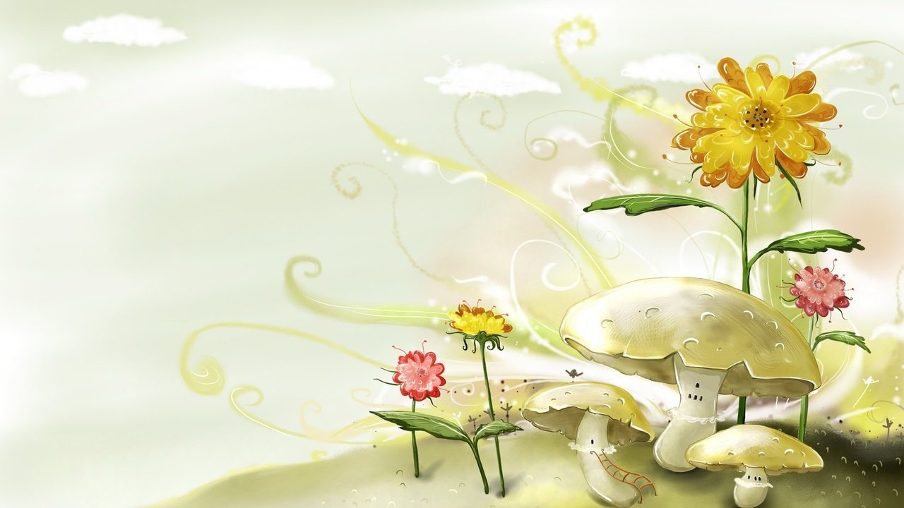 Обои цветы, рисунок, грибы, flowers, figure, mushrooms разрешение 1920x1200 Загрузить