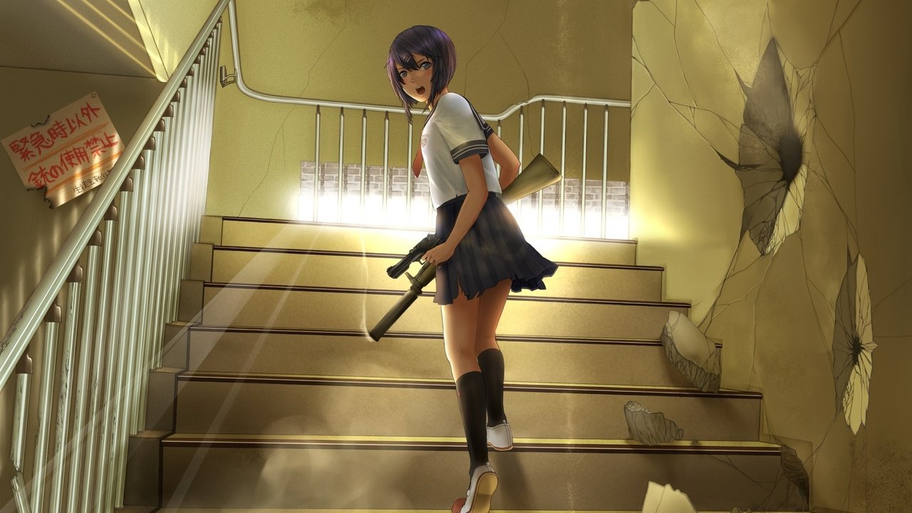 Обои оружие, пистолет, школьница, бежит, лестнице, weapons, gun, schoolgirl, runs, ladder разрешение 2428x1719 Загрузить