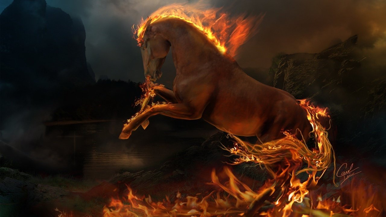 Обои пламя, огонь, животное, конь, flame, fire, animal, horse разрешение 1920x1200 Загрузить