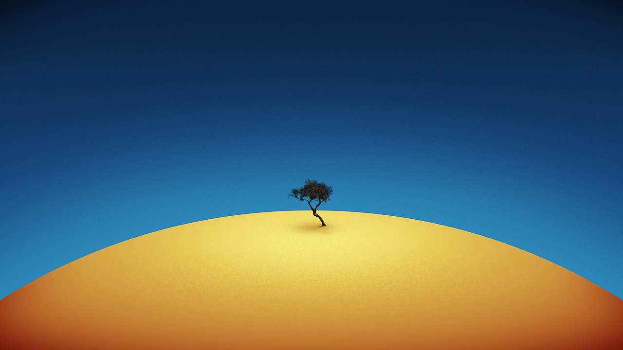 Обои дерево, желтый, синий, минимализм, tree, yellow, blue, minimalism разрешение 2560x1600 Загрузить