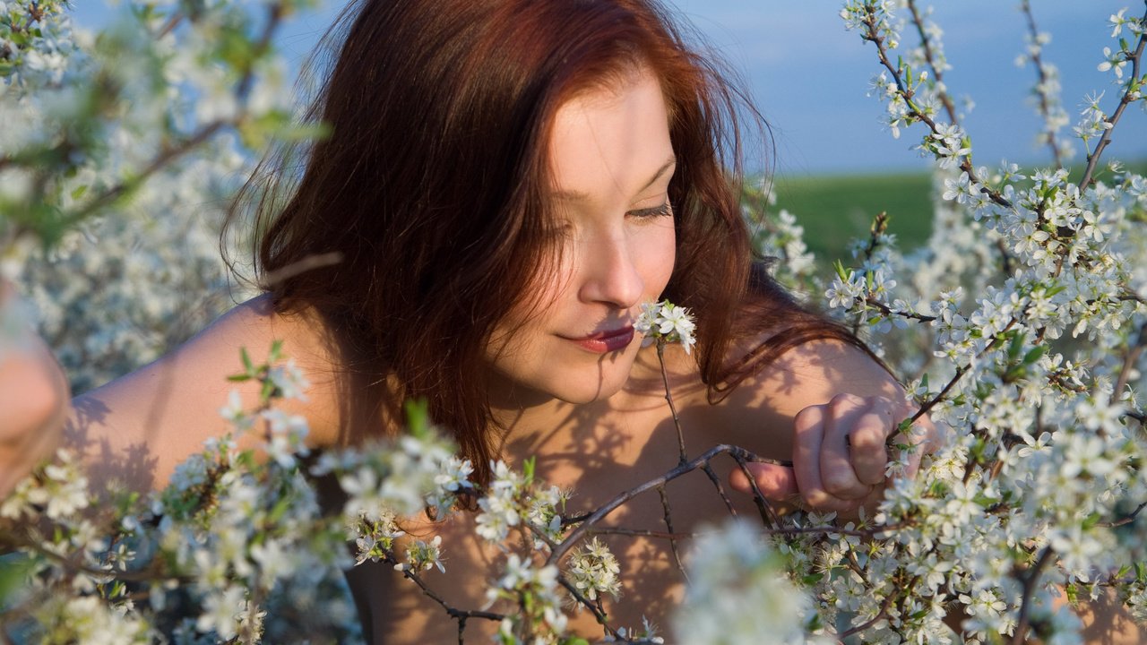 Обои цветы, девушка, ветки, волосы, flowers, girl, branches, hair разрешение 3889x2912 Загрузить