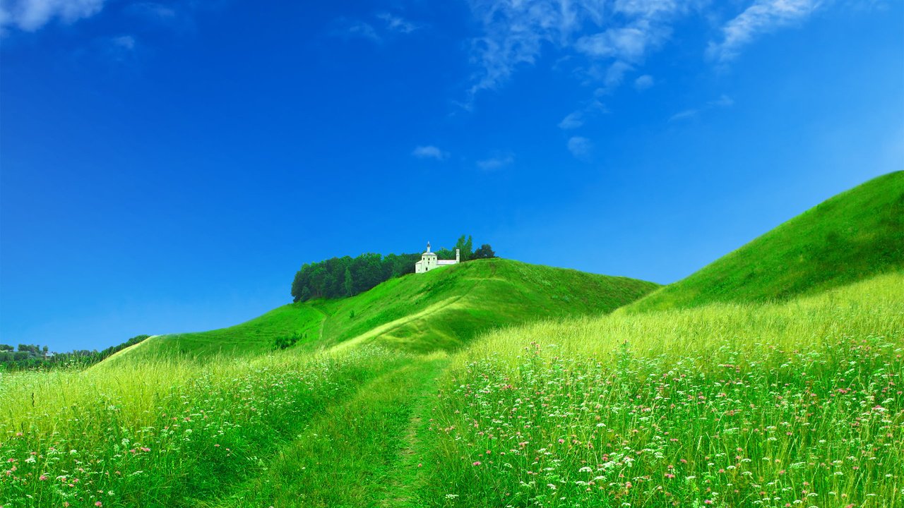 Обои небо, церковь, луга, the sky, church, meadows разрешение 1920x1200 Загрузить