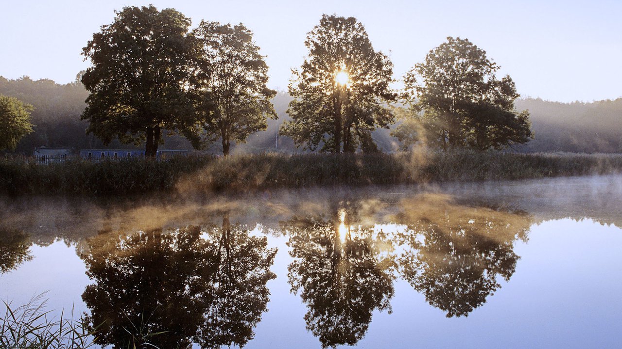 Обои деревья, река, солнце, отражение, луч, польша, trees, river, the sun, reflection, ray, poland разрешение 1920x1200 Загрузить