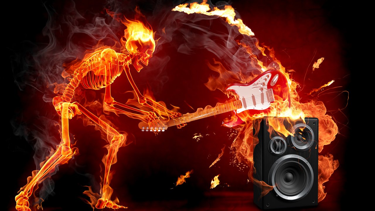 Обои гитара, огонь, рок, скелет, электричество, guitar, fire, rock, skeleton, electricity разрешение 6332x4749 Загрузить
