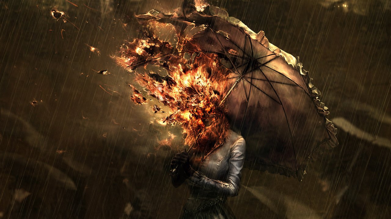 Обои огонь, дождь, зонт, ryohei hase, fire, rain, umbrella разрешение 1920x1200 Загрузить