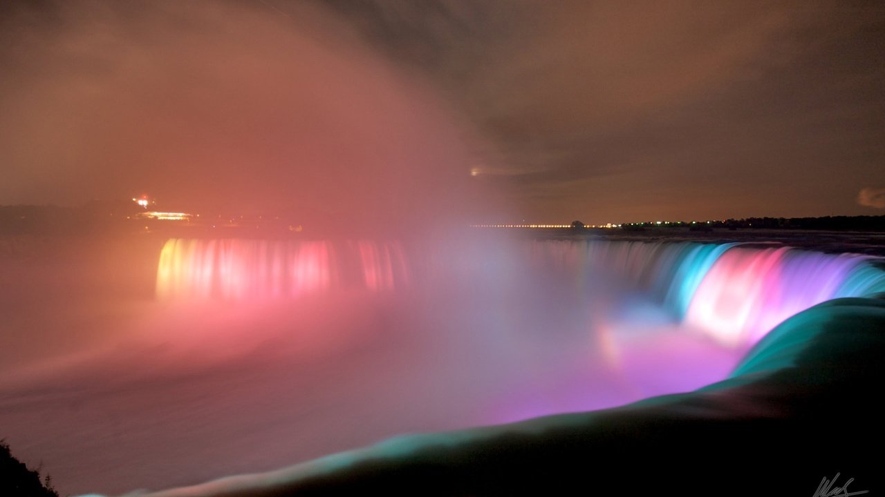 Обои ночь, огни, вода, город, подсветка, ниагарский водопад, night, lights, water, the city, backlight, niagara falls разрешение 2560x1600 Загрузить