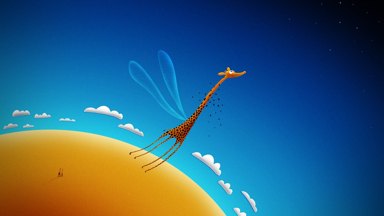 Обои небо, облака, полет, жираф, the sky, clouds, flight, giraffe разрешение 2560x1600 Загрузить