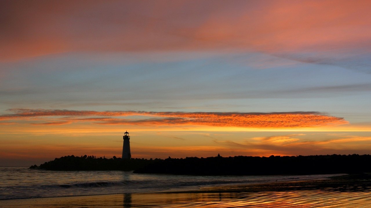 Обои закат, отражение, маяк, sunset, reflection, lighthouse разрешение 1920x1440 Загрузить