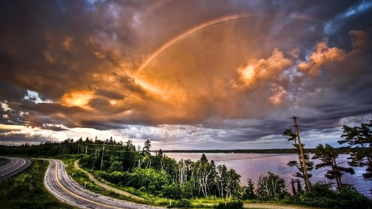 Обои дорога, облака, деревья, радуга, road, clouds, trees, rainbow разрешение 1920x1200 Загрузить